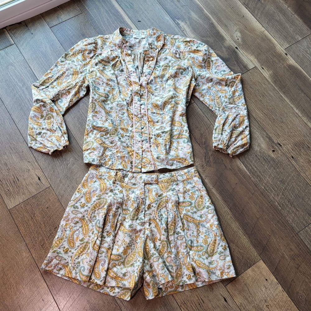 Avara Paisley Print Cotton Two Piece Set Top and Shorts Pink Yellow Large